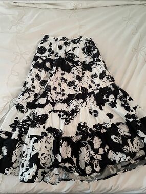 Black & White Floral Tiered Midi Skirt